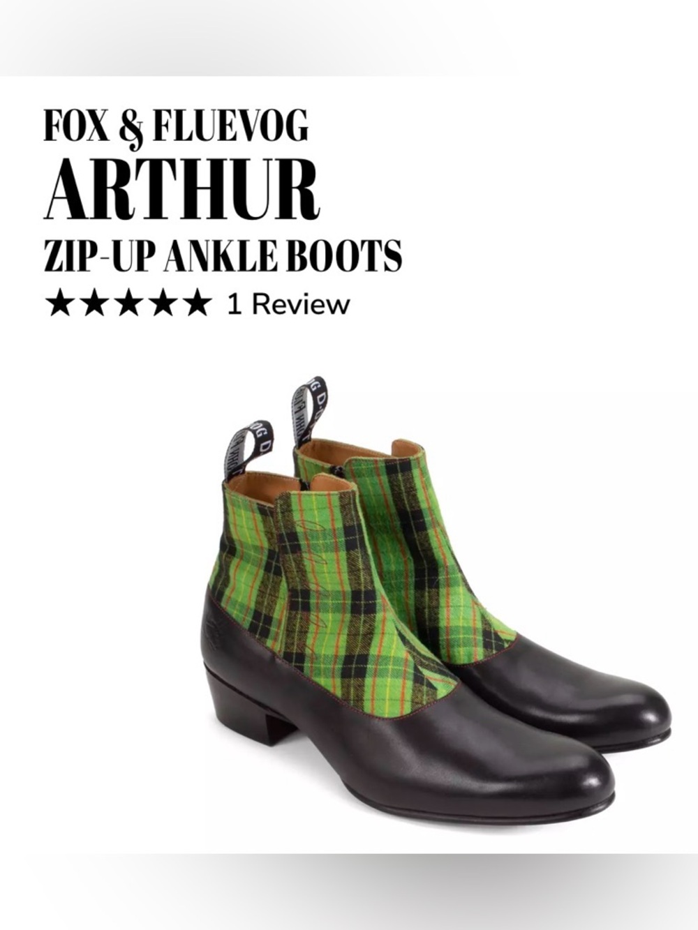 Fluevog NEW WO BOX Fox & Fluevog Arthur green plaid/black leather bootie- 9/9.5
